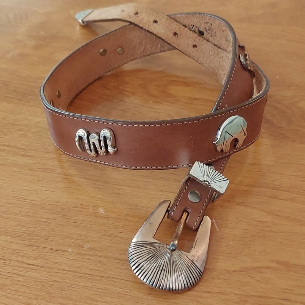 Vintage Leegin southwestern leather belt, silver buckle and conchos, size 30